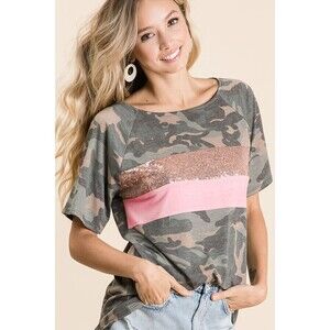 BT1515-05 B Bibi Camouflage Jersey Top With Sequins Blush Various Sizes